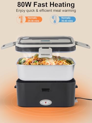 1.8L+0.5L Heated Lunch Box for Men, 80W Electric Lunch Box with Long-handled Utensils for Adults, 12V/24V/110V Lonchera Eléctrica Portátil, Portable Food Warmer for Car/Truck/Office (B/G)