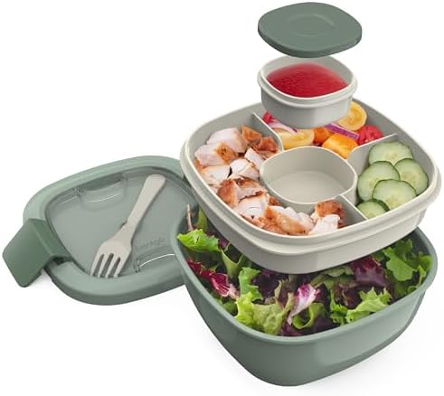 Salad Container, Lunch Bowl with 4-Compartment Toppings Tray, 54 oz