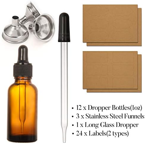 12 pcs, 1 oz Amber Dropper Bottles w/ 3 Stainless Steel Funnels & 1 Long Glass Dropper - 30ml Glass Bottles with Eye Droppers, Leakproof Essential Oils Bottle for Health, Personal Care & Beauty - Image 2