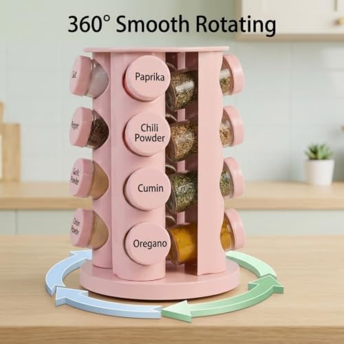 Pink Rotating Spice Rack with 16 - Empty Jars and Labels