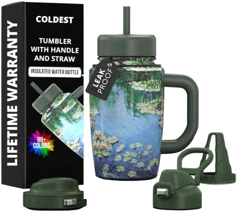 Coldest Tumbler with Handle & Coffee Lid - 100% Spill Proof Tumbler (3 Lids) - Stainless Steel Insulated Leakproof Tumblers for Women & Men - Cup Holder Friendly - 15 oz (Water Lilies) by Coldest