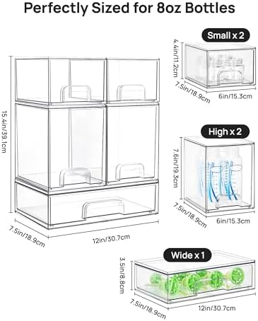 Clear Stackable Storage Drawers Set of 5, Plastic Organizer Bins