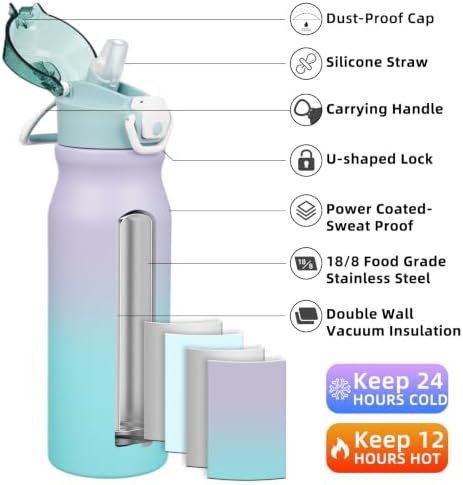 BJPKPK 25 oz Insulated Water Bottle, Straw, Handle, Stainless Steel Flask - Image 2