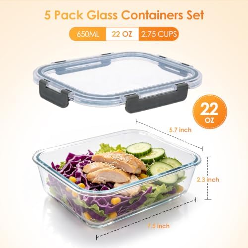 5Pack 22oz Glass Storage Containers with Lids, Grey