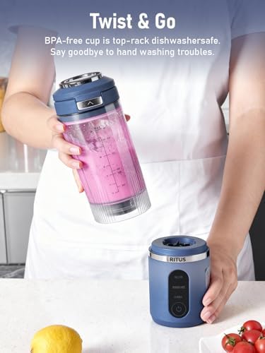 RITUS VORTEX Pro Portable Blender,Personal Blender w/Removable Vessel-for-Smoothies Blend Ice Crush 3 Programs,Cordless 20oz BPA Free Vessel Magnetic-Ring Dishwasher Safe, Leakproof，Navy - Image 2