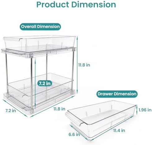 2-Tier Multi-Purpose Bathroom Under Sink Organizers and Storage, Stackable Kitchen Pantry Organization, Pull Out Medicine Cabinet Organizer with Movable Dividers, Clear, 2 Pack