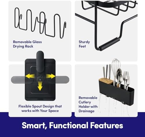 Dish Drying Rack Countertop Expandable Dish Drainer — Up to 26.7" Telescoping Extending Drying Station Organizer with Drainboard & Removable Utensil Holder — Dish, Silverware & Cup Storage, Black