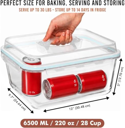 6500 ML / 220 oz / 28 Cup LARGE Glass Food Storage Container with Airtight Locking Lid. Ideal Storing food, Vegetables, Fruits. Baking Casserole, Lasagna, Roasting Turkey, Chicken BPA Free Oven Safe
