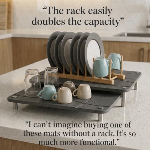 Nested Dish Drying Stone Mat with Bamboo Rack | Large 16"x12" Dish Drying Mat plus 13"x12" Diatomaceous Earth Stone Mat | Expands to 29” x 12” | Premium Stone Mat for Kitchen Counter (Dark Gray)