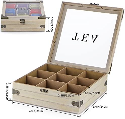 Wood Tea Box Organizer, Tea Storage Chest with Glass Lid, 9 Compartments, Tea Bag Holder for Cabinet, Pantry