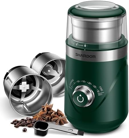 SHARDOR Electric Super Silent Blade Coffee Grinder, Timed Grind Control Rotary Knob, Adjustable Coarse to Fine for Coffee Beans, Spices & Herbs, with 2 Removable Stainless Steel Bowls, Green by Shardor