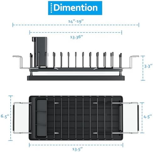 Sink Dish Drying Rack - Expandable Small Dish Rack Over Sinks with Silicone Drying Tray, Dish Drainer for Kitchen Counter with Cutlery Holder, Drying Rack Fit for 14’’-19’’ Kitchen Sink
