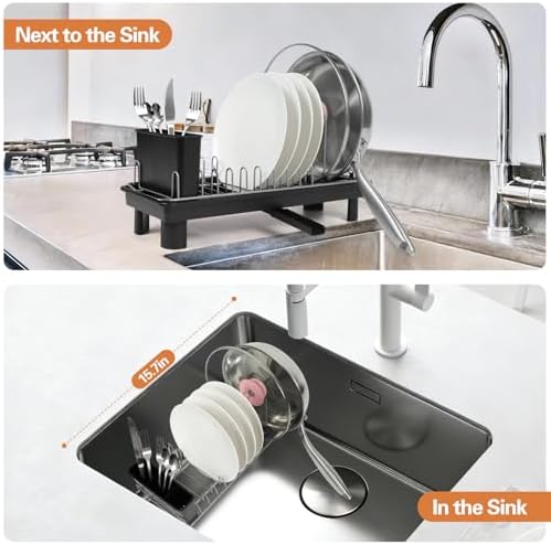 Small Dish Drying Rack for Countertop with Drain Tray & Utensil Holder
