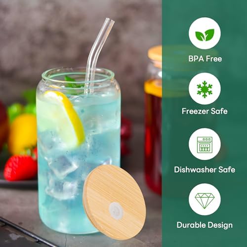 12Pcs Glass Cups with Bamboo Lids and Straws Bulk 16 oz Can Shaped