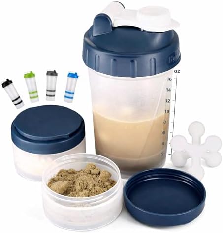 Hydro2Go 16oz Protein Shaker Bottle with Shaker Ball and 2 Storage Jars | BPA-Free Plastic Cup with Clear Measurement Scale | Perfect for Protein Mixes and Pills | Portable Pre-Workout Drink Cup（Navy） by Hydro2Go