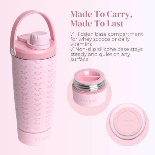Elanelle 20oz Insulated Stainless Steel Shaker Bottle with Storage Base, Strainer Lid Protein Shaker Cup for Gym, Ball-Free Quiet Mixing, Carry Handle, BPA-Free, Pink (Candy Bow) - Image 3
