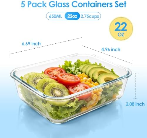 5 Pack 22 oz Glass Food Storage Containers with Lids, Grey