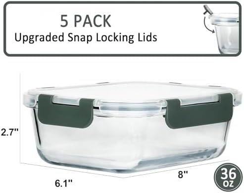 5 Pack 36 oz Glass Food Storage Containers with Lids,4.5 Cups,Gray