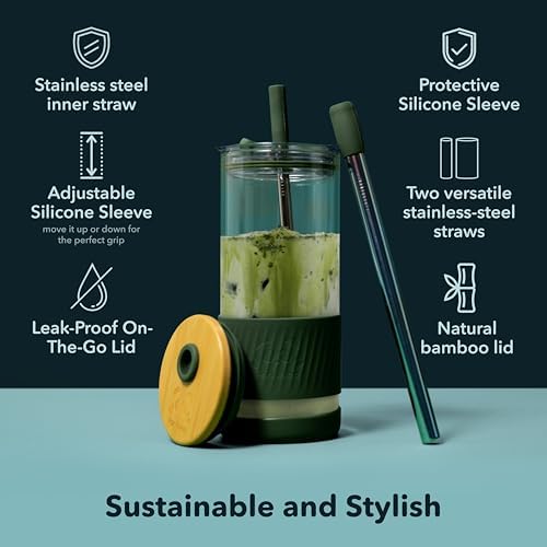 Glass Cups With Lids and Straws -20 Fl Oz- Perfect Size Iced Coffee Cup - Smoothie Cup With Bamboo Lid and On the go Lid - Glass Tumbler With Straw (1 Count (Pack of 1), Lilac Rhapsody)