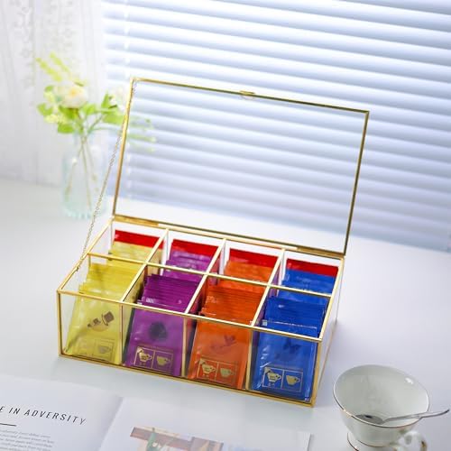 Glass Tea Bag Organizer, 8-Compartment Tea Storage Box, Gold