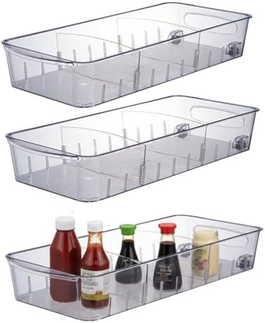 3 Pcs Refrigerator Drawer Organizer,Fridge Organizer Bins on Wheels, Roll Out Pantry Storage Bins with Handle Upgrade Thick Plastic Pantry Storage Bins for Kitchen Organization