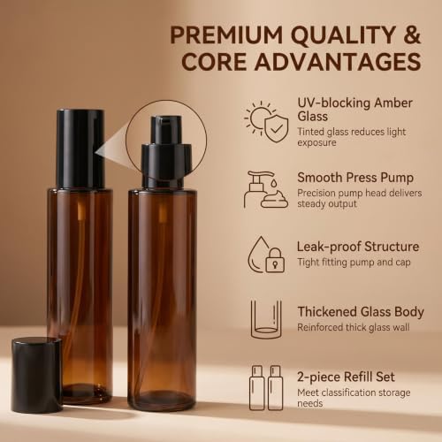 2 PCS 80/2.7oz Amber Glass Travel Bottles with Black Pump, Leakproof Lotion Dispenser for Essential Oil, Cream, Shampoo, Body Wash & Travel Toiletries - Image 4