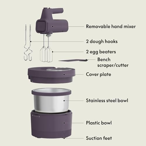 bella 3.5 Qt Hand & Stand Mixer, 2 in 1 Electric Mixer with Bowl, Dough Hook, Whisk & Egg Beater, Multifunctional Handheld Mixer for Baking, 200 Watt, Plum - Image 2