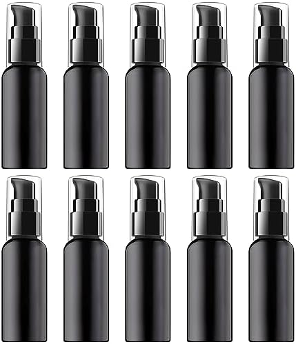 Travel Pump Bottles Set – 10 Pack 2oz (60ml) Empty Clear Plastic Pump Dispensers with Black Cap, Refillable Travel Size Toiletries Containers for Lotion, Cream, Shampoo & Essential Oil by VIDELLY
