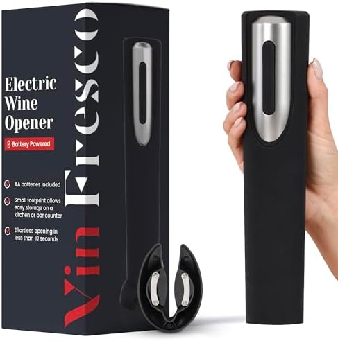 Electric Wine Opener Battery Operated with Stand and Built-in Foil Cutter - Automatic Wine Opener - Electric Corkscrew for Easy Cork Removal - Best Gift for Wine Lover (Black & Silver)