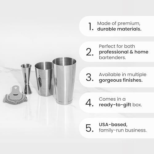 Cocktail Shaker Set, 4-Piece Professional Bartender Kit with Boston Shaker, Strainer and Jigger, Stainless Steel Bar Accessories for Craft Cocktails, Silver