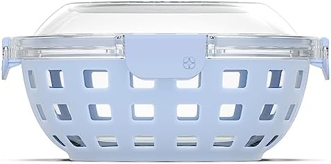 DuraGlass Food Storage Glass Lunch Bowl Container - Meal Prep Container with Silicone Sleeve and Airtight Lid, 5 Cup, Blue