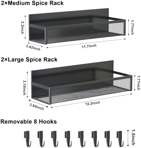 Magnetic Spice Rack for Refrigerator, 4 Pack Magnetic Shelf, Fridge Magnet Organizer with Moveable 8 Hooks, Magnetic Fridge Shelf for Kitchen Organization and Storage (4 Pack)