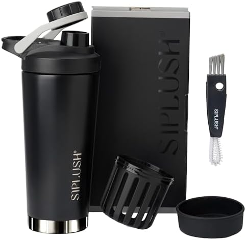 Protein Shaker Bottle 24oz, Insulated, Onyx Silver, Mirror-Finish by SIPLUSH