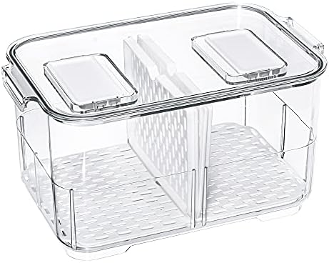 11'' Large Food Storage Containers, Fridge Produce Saver 2 Tier Stackable Refrigerator Organizer with Lids and Removable Drain Tray Drawers Bins Baskets for Kitchen