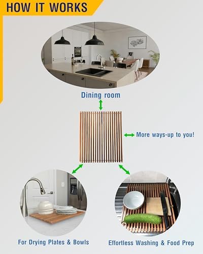 Roll Up Wooden Drying Rack Over The Sink Kitchen, Cover Sink Dry Dishes Bowl Spoon Quickly, Aesthetics and Finishes Coating, Neat Design Stain-Resistant Easy to Dry (Natural Wood color)