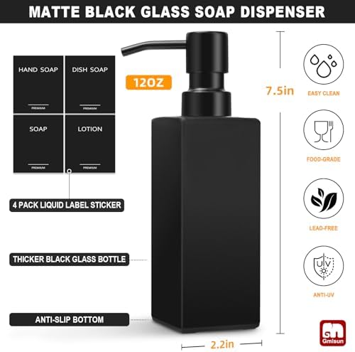 Black Soap Dispenser, Hand Soap Dispenser Bathroom, 12oz Glass Soap Dispenser with Stainless Steel Pump, Liquid Dish Soap Dispenser for Kitchen, Modern Bathroom/Kitchen Soap Dispenser Set