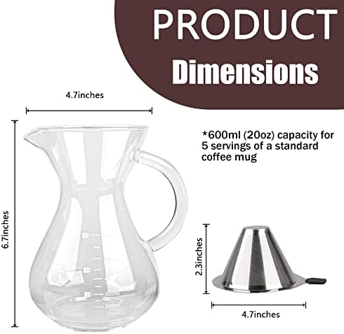 Pour Over Coffee Maker with Reusable Double-layer Stainless Steel Filter, 600ml/20oz BPA-Free Glass Coffee Carafe, Glass Coffee Maker, Coffee Dripper Brewer