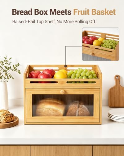 Bread Box for Kitchen Countertop, Bamboo Storage Container with Top Shelf