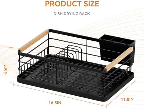 Dish Drying Rack, Dish Racks for Kitchen Counter, Stainless Steel Dish Drainer with Removable Cutlery Holder & Drainboard, Black