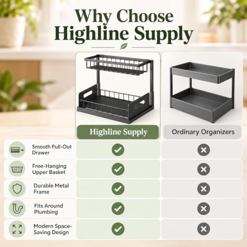 Under Sink Organizer, 2-Tier Pull-Out Kitchen Bathroom Storage Rack, Black