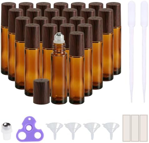 PrettyCare 24 Pack, 10 ml Essential Oil Roller Bottles with Stainless Steel Roller Ball - Refillable Leak-proof Empty Thick Amber Glass Roll on Bottles with Wooden Caps for Travel, Perfume by PrettyCare