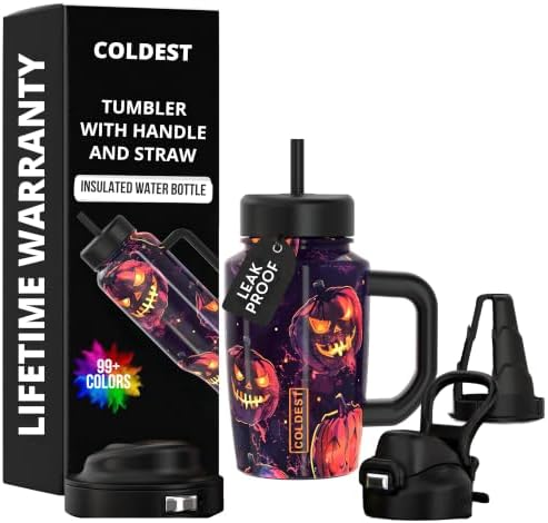 Coldest Tumbler with Handle & Coffee Lid - 100% Spill Proof Tumbler (3 Lids) - Stainless Steel Insulated Leakproof Tumblers for Women & Men - Cup Holder Friendly - 15 oz (Pumpkin Patch) by Coldest