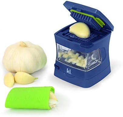 Garlic-A-Peel Garlic Press, Crusher, Cutter, Mincer, and Storage Container - Includes Silicone Garlic Peeler - Easy to Clean - Stainless Steel Blades – (Blue), standard by Kitchen+Innovations