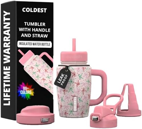 Coldest Tumbler with Handle & Coffee Lid - 100% Spill Proof Tumbler (3 Lids) - Stainless Steel Insulated Leakproof Tumblers for Women & Men - Cup Holder Friendly - 15 oz (Pink Bows) by Coldest