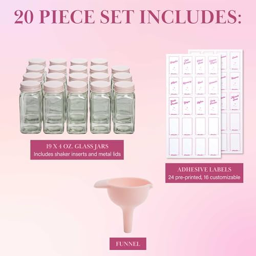 Glass Spice Jar Storage Set, 4-Ounce Empty Spice Jars with Labels, Shaker Caps and Metal Lids, Collapsible Funnel Included, 20-Piece, Pink