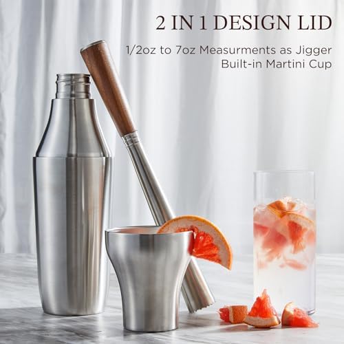 Hybrid Cocktail Shaker | Vacuum Insulated Stainless Steel Martini Shaker with Double Wall Martini Cup | Integrated Measuring System | Tumbler Lid & Cocktail Recipes Included | Silver