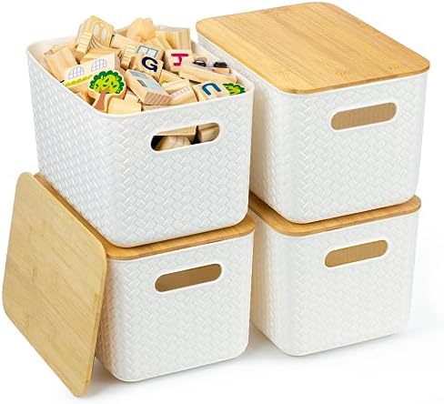 4 Pack Storage Bins with Bamboo Lids,Stackable Box for Organization
