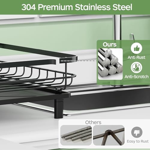 Dish Drying Rack, Stainless Steel Rustproof Dish Rack for Kitchen Counter, Sturdy Dish Drainer with Drainboard, Drainage, Utensil Holder for Various Kitchenware, 16.2"(L) x 12.6"(W), Black