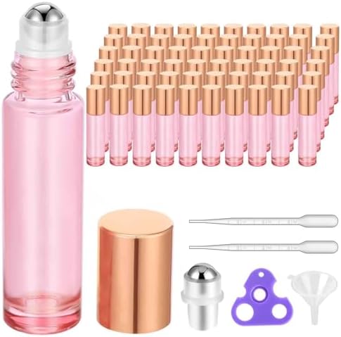 PrettyCare 60 Pack, 10 ml Essential Oil Roller Bottles with Stainless Steel Roller Ball - Bulk Refillable Leak-proof Empty Thick Pink Glass Roll on Bottles with Metal Caps for Travel, Perfume by PrettyCare