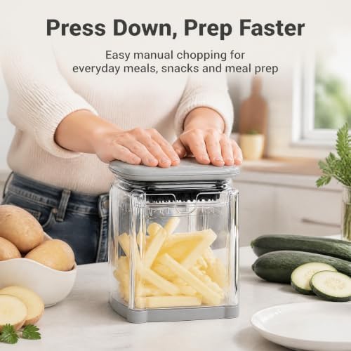 7-in-1 French Fry Cutter, Manual Vegetable Chopper with Storage Container and 4 Blades, Multi Functional Potato Onion Dicer Slicer for Kitchen